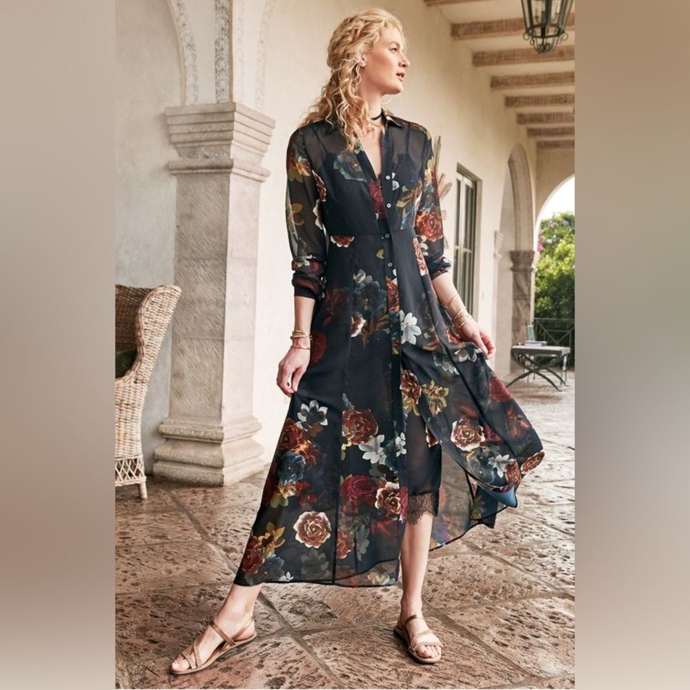 Soft Surroundings Black Floral Long Sleeve Dress And Cardigan Set